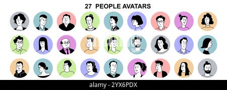 Avatars de personnes définis. Portraits d'hommes et de femmes dessinés à la main pour les réseaux sociaux et les sites Web. Icônes de caractère pour le profil utilisateur. Vecteur plat Illustration de Vecteur