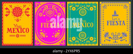 Set d'affiches Fiesta mexicaines. Invitation Cinco de Mayo avec ornement floral vintage et texte. Cartes de vœux pour les fêtes mexicaines traditionnelles. Plat Illustration de Vecteur