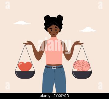 Équilibre du cœur et du cerveau. Choix rationnel raisonnable et émotionnel. Personnage féminin africain de dessin animé regardant le cerveau et le cœur sur la balançoire. Vecteur plat Illustration de Vecteur