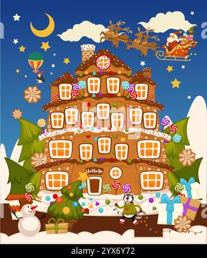 Scène festive de Noël maison en pain d'épices Illustration de Vecteur