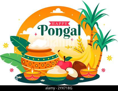 Happy Pongal illustration vectorielle de la célébration traditionnelle du festival Tamil Nadu India, mettant en vedette la canne à sucre et une assiette d'accessoires religieux Illustration de Vecteur