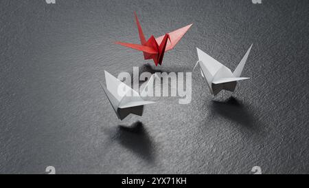 Concept d'entreprise différent.nouvelles idées. style art papier. Creative Idea.leader concept de cygne, leader noir cygne leader blanc dirigeant.rendu 3D sur noir Banque D'Images