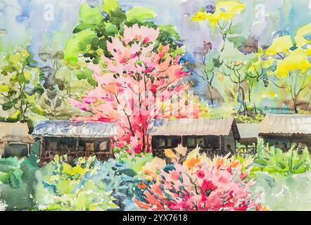 aquarelle peinture de paysage originale jaune, vert et rose violet de fleurs de sakura sur fond bleu Banque D'Images
