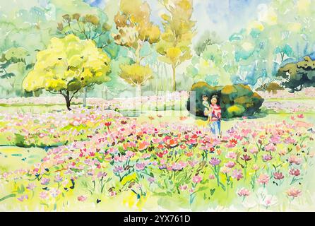 aquarelle peinture de paysage originale jaune, orange rouge et rose couleur de jardin de fleurs en vert et bleu fond Banque D'Images