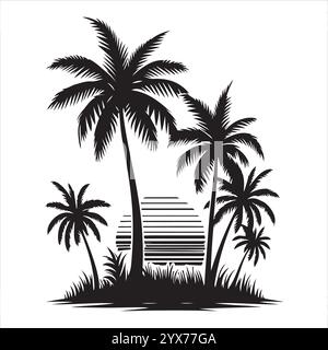 Silhouettes de noix de coco au coucher du soleil Illustration de Vecteur