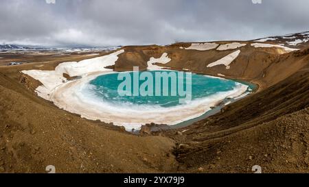 Cratère d’explosion de Viti dans la caldeira de Krafla remplie d’eau turquoise, de neige et de glace, zone géothermique de Myvatn, Islande, panorama haute résolution. Banque D'Images