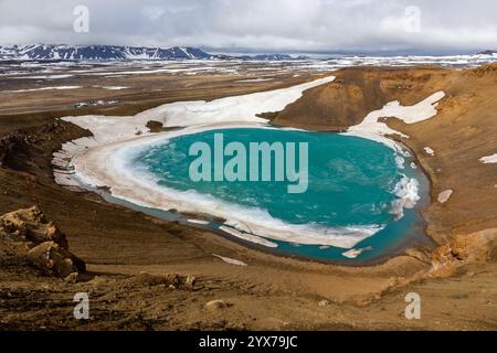 Cratère d’explosion de Viti dans la caldeira de Krafla remplie d’eau turquoise, de neige et de glace, zone géothermique de Myvatn, Islande. Banque D'Images