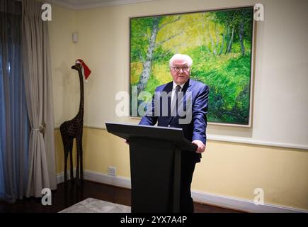 Johannesburg, Afrique du Sud. 13 décembre 2024. Le président fédéral Frank-Walter Steinmeier prend la parole lors de la cérémonie de remise des médailles à la résidence de l'ambassadeur allemand en Afrique du Sud. Le président fédéral Steinmeier visite le Nigeria, l'Afrique du Sud et le Lesotho lors de son voyage de quatre jours en Afrique. Crédit : Bernd von Jutrczenka/dpa/Alamy Live News Banque D'Images