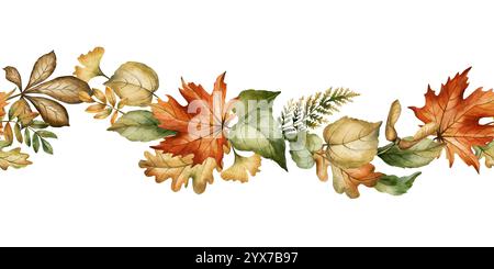 Feuillage d'automne. L'automne laisse une bordure sans couture. Érable, chêne, fougère, rowan, bouleau, ginkgo. Aquarelle illustration florale dessinée à la main isolé sur le dos blanc Banque D'Images