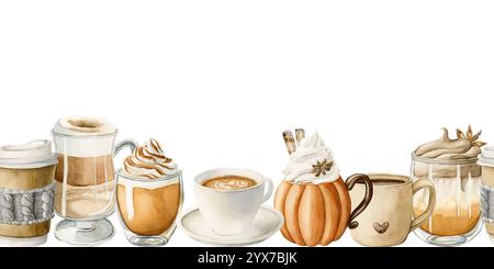 Café Latte Macchiato, Pumpkin Spice Dalgona Coffee et autres boissons chaudes d'automne Seamless Border. Aquarelle peint à la main isolé de nourriture illustratio Banque D'Images