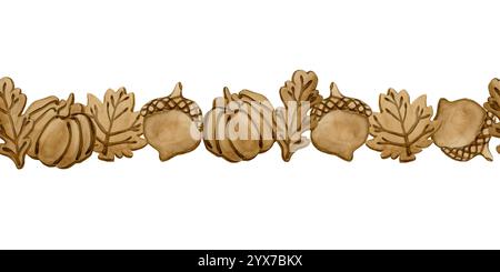 Feuilles d'automne, citrouille et galets bordure sans couture. Croûte feuillue pour Thanksgiving Pumpkin Pie. Illustration isolée de nourriture peinte à l'aquarelle à la main Banque D'Images