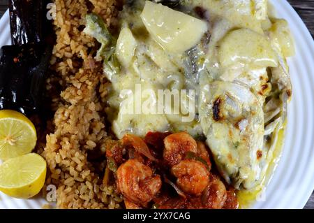 Divers éléments de farine de fruits de mer de poissons de mulet cuits au four avec sauce blanche crémeuse, morceaux de pommes de terre, riz de poisson rouge, crevettes cuites au four avec sa rouge Banque D'Images