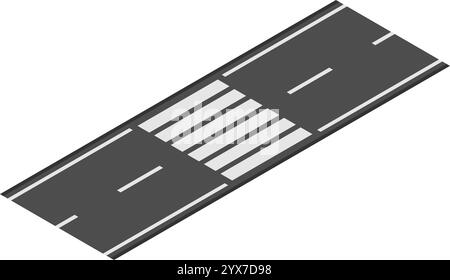 Projection isométrique du passage pour piétons, avec des bandes blanches sur la surface de la route asphaltée sombre, offrant un passage sûr pour les gens à travers la circulation Illustration de Vecteur