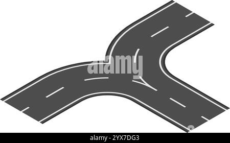 Intersection d'autoroute en forme de y reliant deux routes courbes avec des lignes pointillées blanches sur asphalte gris foncé, créant une bifurcation dans la route symbolisant les choix Illustration de Vecteur