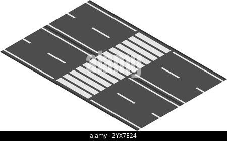 Vue isométrique montrant un passage piéton marqué par des bandes blanches sur une route asphaltée, créant un sentier sûr pour les personnes qui naviguent dans la ville Illustration de Vecteur