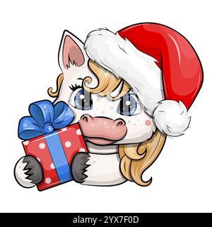 Un cheval blanc de dessin animé mignon dans un chapeau de Père Noël tient un cadeau de Noël. Illustration vectorielle d'animaux du nouvel an sur un fond blanc. Illustration de Vecteur