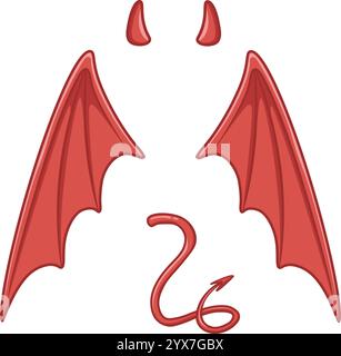 Les éléments du costume du diable avec des cornes frappantes, des ailes spectaculaires et une queue espiègle créent une atmosphère effrayante et festive parfaite pour halloween p. Illustration de Vecteur