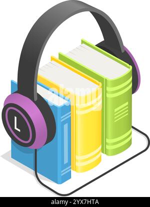 Les écouteurs entourent délicatement une pile de livres vibrants, symbolisant l'expérience immersive d'écouter des livres audio et de profiter de la littérature dans un mode Illustration de Vecteur