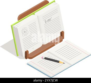 Manuel ouvert montrant la théorie de la formule de relativité et symbole d'atome sur le stand de livre en bois avec un autre livre ouvert et crayon à proximité suggérant d'étudier Illustration de Vecteur
