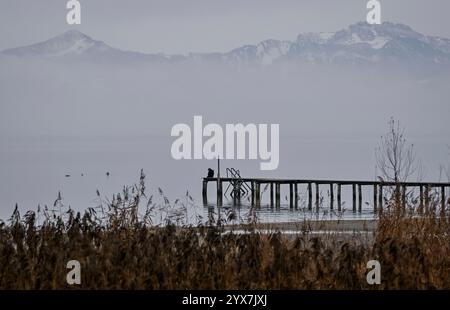 Seebruck, Allemagne. 14 décembre 2024. Une femme est assise sur une jetée près de Seebruck sur le lac Chiemsee par temps brumeux. Crédit : Uwe Lein/dpa/Alamy Live News Banque D'Images