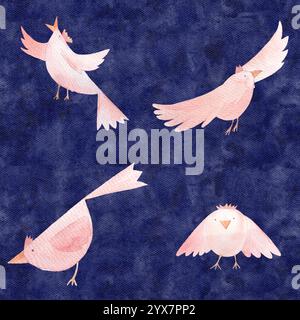 Oiseaux roses volant, chantant, regardant, motif sans couture peint à la main aquarelle sur fond texturé bleu foncé. Clip art de haute qualité idéal pour Banque D'Images