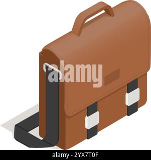 Sac à bandoulière en cuir marron doté d'une sangle noire élégante et de boucles argentées élégantes, présenté comme une icône isométrique projetant une ombre subtile sur un Illustration de Vecteur