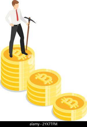 Homme d'affaires tenant pioche debout sur des piles croissantes de pièces de monnaie crypto-monnaie représentant l'exploitation minière et l'investissement réussis dans la vue isométrique Illustration de Vecteur