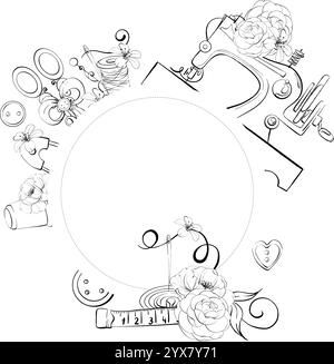 Modèle d'outils de couture vintage - machine à coudre, ciseaux, boutons, épingle, centimètre. Cadre circulaire pour la conception avec des fleurs. Vintage old fashion Illustration de Vecteur