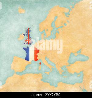 Le Royaume-Uni et la France sur la carte de l'Europe dans le grunge doux et le style vintage, comme le vieux papier avec aquarelle peinture. Banque D'Images