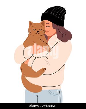 Fille hipster embrassant un chat.. Se soucier des animaux domestiques. Amour et soutien pour chaton. Illustration de Vecteur