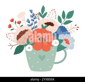 Bouquet de belles fleurs dans un mug turquoise. Illustration de Vecteur