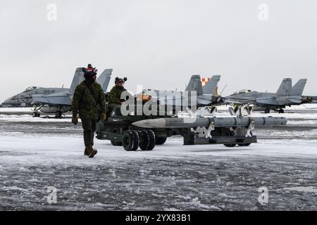 Corps des Marines lance Cpl. Xavier Gregory, à gauche, et lance Cpl. Christopher Fisher, tous deux techniciens en munitions d'aéronefs du Marine Fighter Attack Sq Banque D'Images