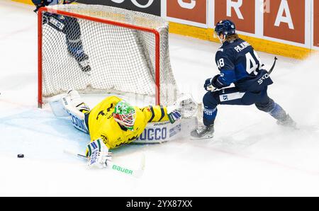 Fribourg, Suisse, 14 décembre 2024 : le gardien #75 Arvid Holm (Schweden) repousse l'attaque du #48 Lauri Pajuniemi (Finlande). (Photo de Andreas Haas/dieBildmanufaktur) crédit : dieBildmanufaktur/Alamy Live News Banque D'Images