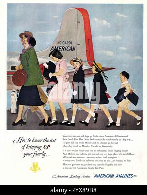 1950 American Airlines ad - Family Fare Plan ; illustration par Al Parker Banque D'Images