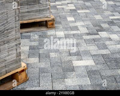 Nouvelles dalles de pavage et fragments de palettes avec eux Banque D'Images
