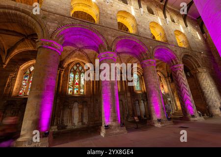 Piliers et arches dans la nef de l'abbaye de Dunfermline éclairés par des lumières colorées, Fife, Écosse Banque D'Images