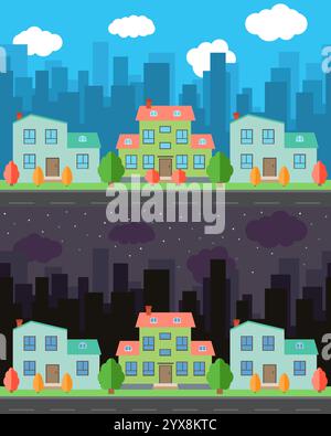 Ville vectorielle avec des maisons de dessins animés et des bâtiments dans le jour et la nuit.paysage urbain d'été. Vue sur la rue avec paysage urbain sur un fond Illustration de Vecteur