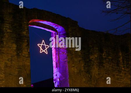 Bernburg, Allemagne. 14 décembre 2024. Les murs du monastère sont éclairés par atmosphère. Chaque année en décembre, l'Université des sciences appliquées d'Anhalt invite les résidents et les invités de la ville de Bernbourg à un monastère international Noël dans le monastère de Bernbourg crédit : Heiko Rebsch/dpa/Alamy Live News Banque D'Images