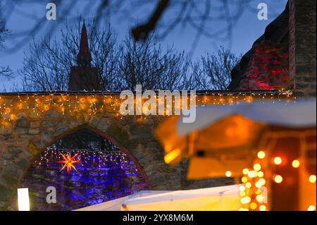 Bernburg, Allemagne. 14 décembre 2024. Les murs du monastère sont éclairés par atmosphère. Chaque année en décembre, l'Université des sciences appliquées d'Anhalt invite les résidents et les invités de la ville de Bernbourg à un monastère international Noël dans le monastère de Bernbourg crédit : Heiko Rebsch/dpa/Alamy Live News Banque D'Images