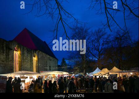 Bernburg, Allemagne. 14 décembre 2024. Les murs du monastère sont éclairés par atmosphère. Chaque année en décembre, l'Université des sciences appliquées d'Anhalt invite les résidents et les invités de la ville de Bernbourg à un monastère international Noël dans le monastère de Bernbourg crédit : Heiko Rebsch/dpa/Alamy Live News Banque D'Images