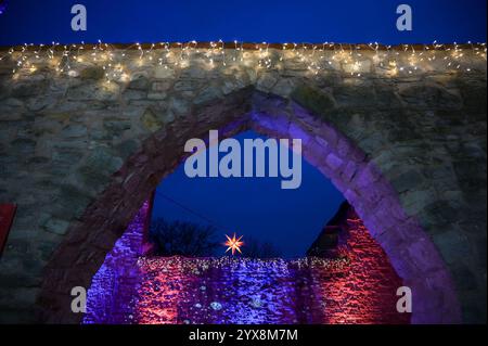 Bernburg, Allemagne. 14 décembre 2024. Les murs du monastère sont éclairés par atmosphère. Chaque année en décembre, l'Université des sciences appliquées d'Anhalt invite les résidents et les invités de la ville de Bernbourg à un monastère international Noël dans le monastère de Bernbourg crédit : Heiko Rebsch/dpa/Alamy Live News Banque D'Images