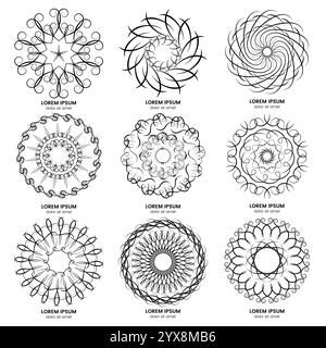 Ensemble de neuf éléments circulaires géométriques vintage. Monogramme noir de vecteur sur fond blanc. Illustration de Vecteur