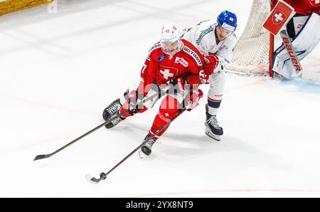 Fribourg, Suisse, 14 décembre 2024 : #22 Jachym Kondelik (République tchèque) met sous pression le #67 Roger Karrer (Suisse). (Photo de Andreas Haas/dieBildmanufaktur) crédit : dieBildmanufaktur/Alamy Live News Banque D'Images