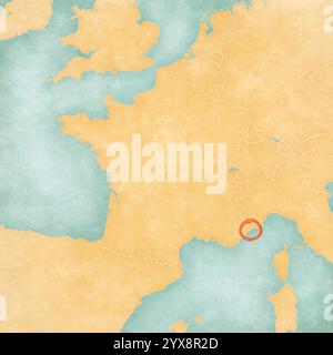 Monaco sur la carte de France dans un style grunge doux et vintage, comme du vieux papier avec de la peinture à l'aquarelle. Banque D'Images