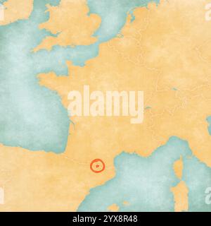 Andorre sur la carte de France dans un style grunge doux et vintage, comme du vieux papier avec de la peinture à l'aquarelle. Banque D'Images