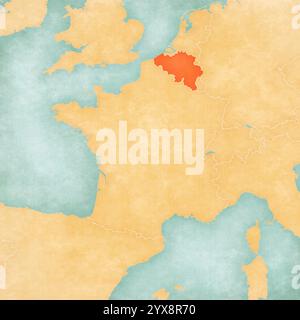 Belgique sur la carte de France dans un style grunge doux et vintage, comme du vieux papier avec de la peinture à l'aquarelle. Banque D'Images