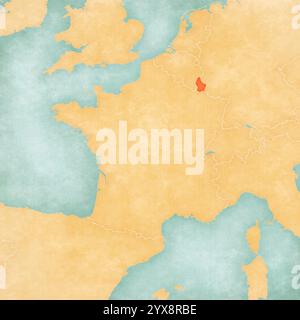Luxembourg sur la carte de France dans un style grunge doux et vintage, comme du vieux papier avec de la peinture à l'aquarelle. Banque D'Images