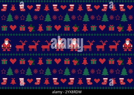 Pixel de motif de Noël du nouvel an, carte - scandynavian style de pull norvégien.motif ethnique de pixel traditionnel. Pull de Noël tricoté motif de Banque D'Images