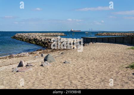 Pont d'Oresund vu depuis le parc de la plage d'Amager, Copenhague, Danemark, jour ensoleillé Banque D'Images