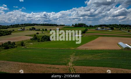 De vastes terres agricoles s'étendent à travers le paysage avec des champs verts et bruns bordés par des parcelles d'arbres. Le ciel est rempli de nuages moelleux, créant une ambiance rurale sereine. Banque D'Images